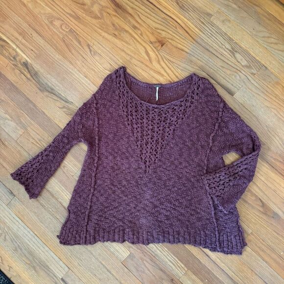 Free People Women Mauve Sheer Front Chunky Knit Pretty Pointelle Vee Sweater Sma - Picture 2 of 9